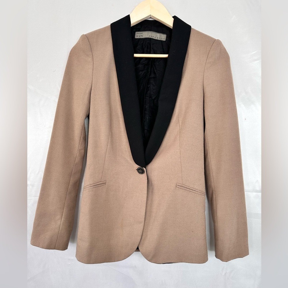 Zara Basic Tan Camel Black Shawl Lapel Tuxedo Blazer Jacket XS